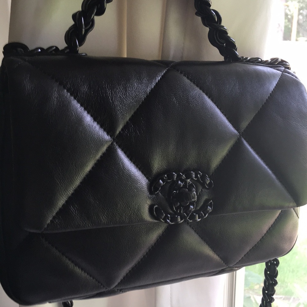 Black Quilted Shoulder Bag with Chain-Trim Handle